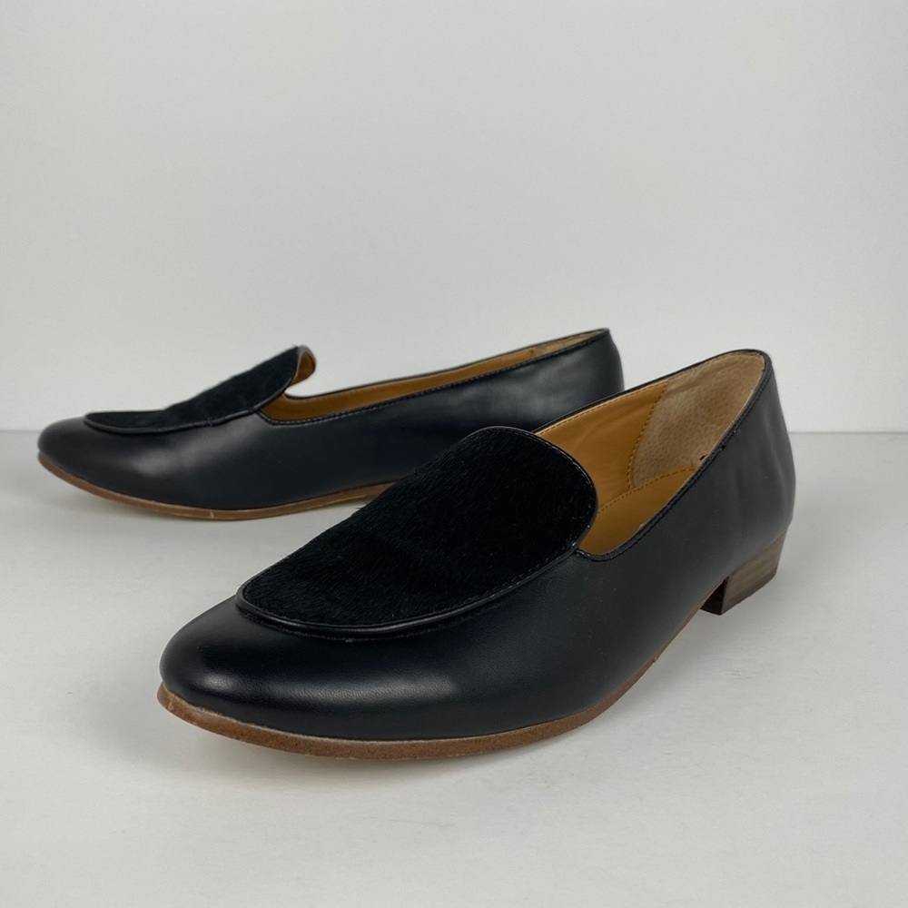 Women’s J.Crew Black Leather Calf Fur Flats Size 9